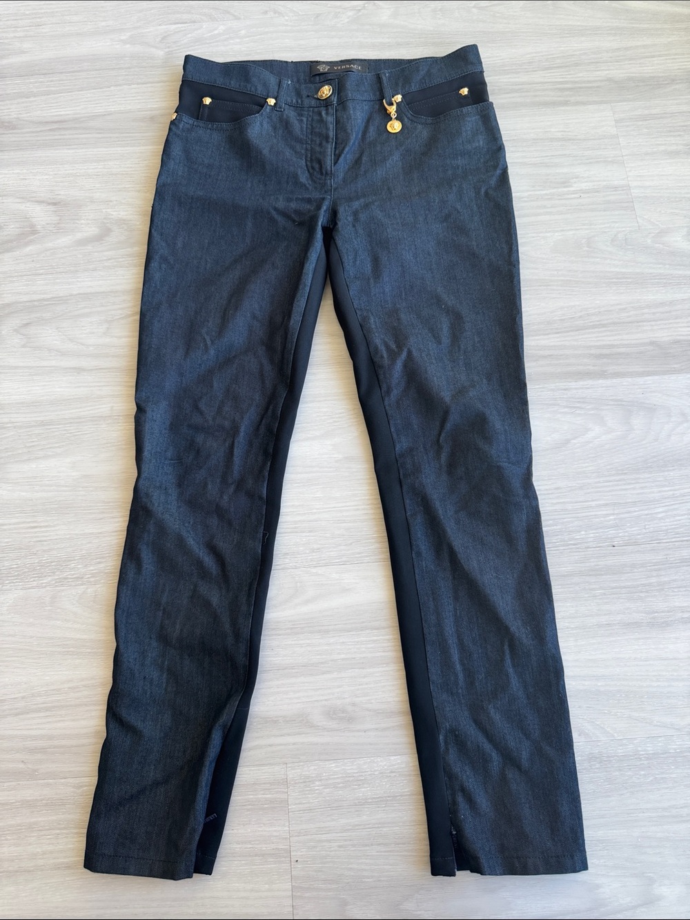 Versace Black Skinny Jumpsuit-Style Pants with Gold Medallion